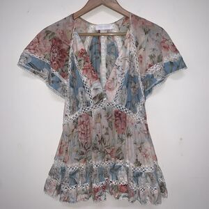 Zimmermann Womens Sz 1 Beige Floral  Silk/cotton Top Cottagecore Country Prairie